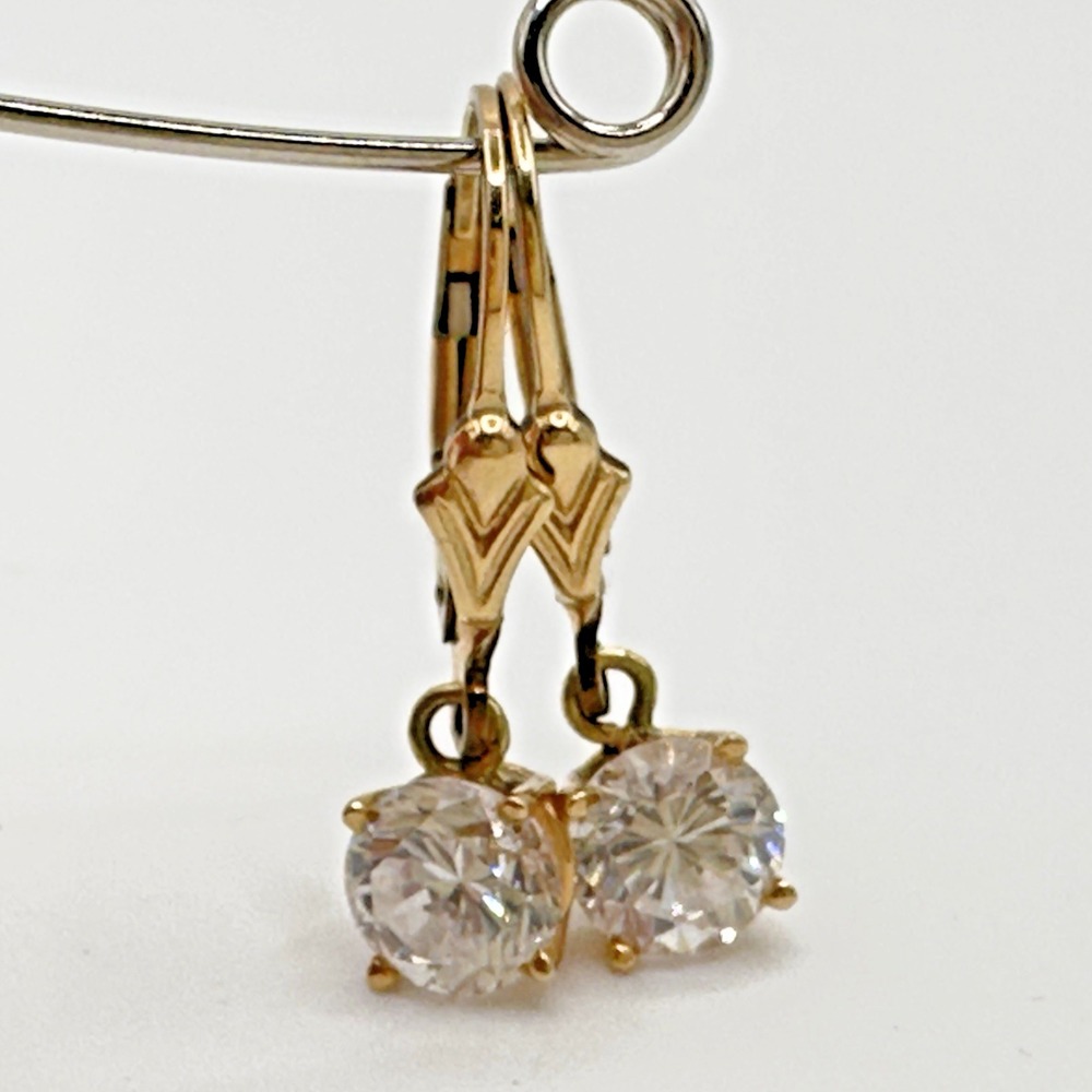 14K Yellow GF Fleur-de-Lis Lever Back Earrings Dangle Sparkling Clear Rhinestone